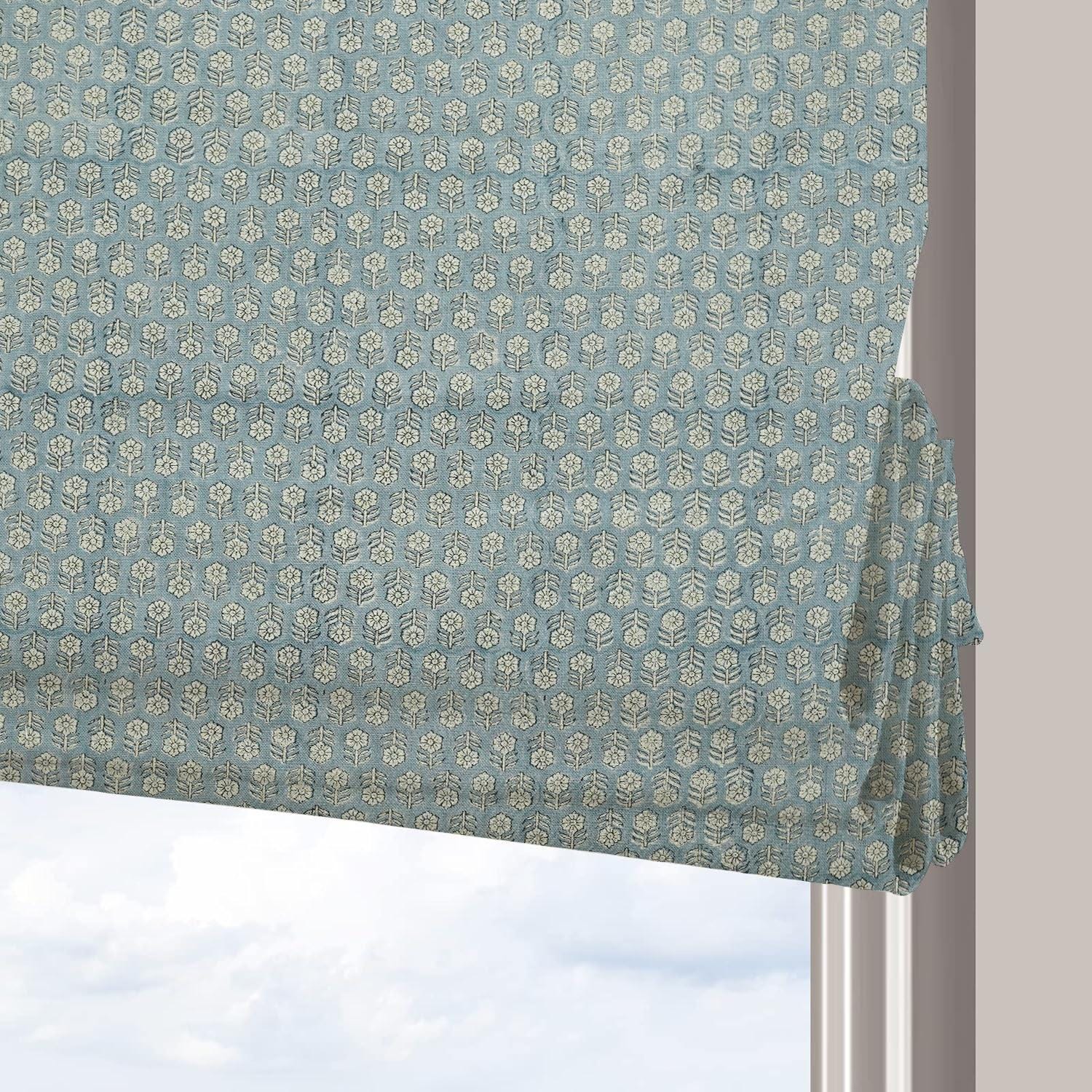 Handmade Gray Floral Block Printed Roman Shade in Thick Linen Blackout Window - Tulsi Buti