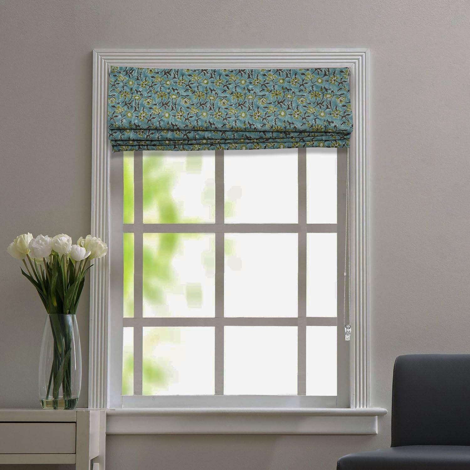 Handmade Block Printed Boho Roman Shade in Gray & Brown Viscose Linen Window Covering - Nayab