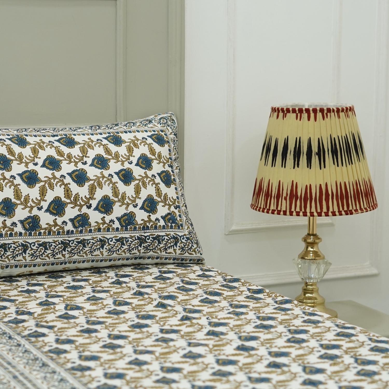 Blue floral block print cotton bedsheet, cotton with white background fabric, decorative farmhouse floral cotton bedcover with pillow cover set, bedroom king size bedsheet, flat cotton bedcover.