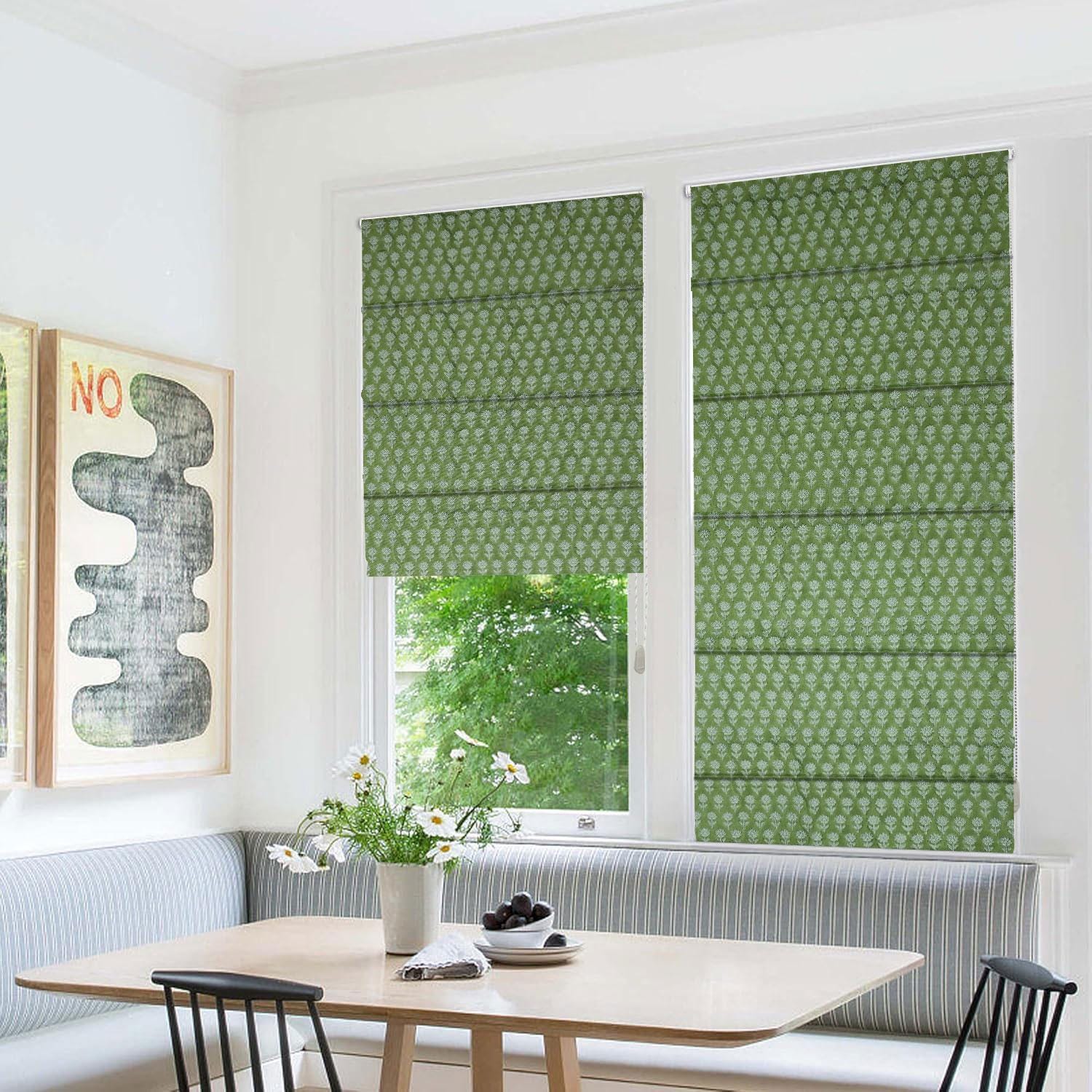 Block Printed Leaf Green Floral Roman Shades on Thick Linen Handmade Custom Window Treatment – PANKHUDI