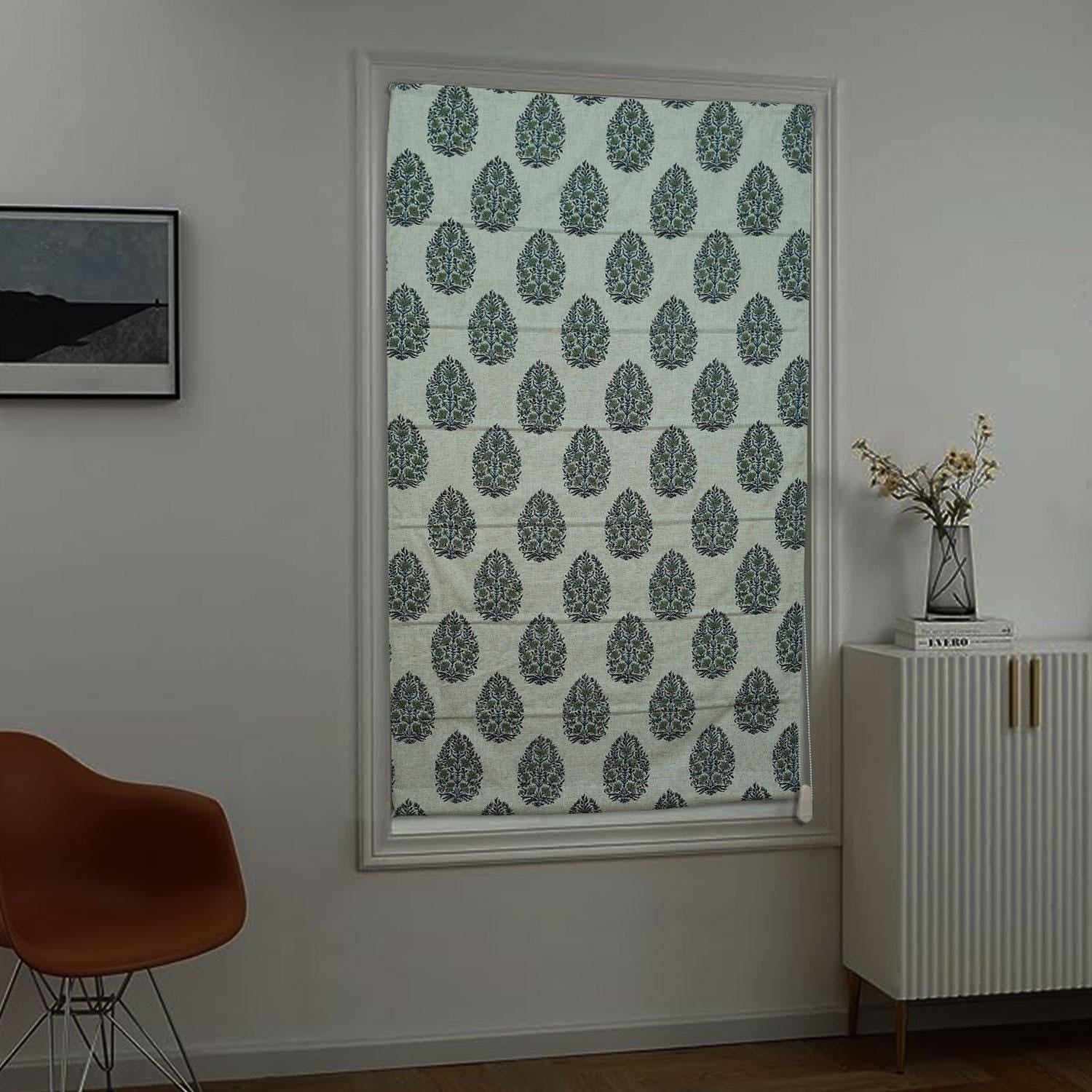 Handmade Boho Gray Floral Roman Shade in Viscose Linen Block Printed Farmhouse - Kumud