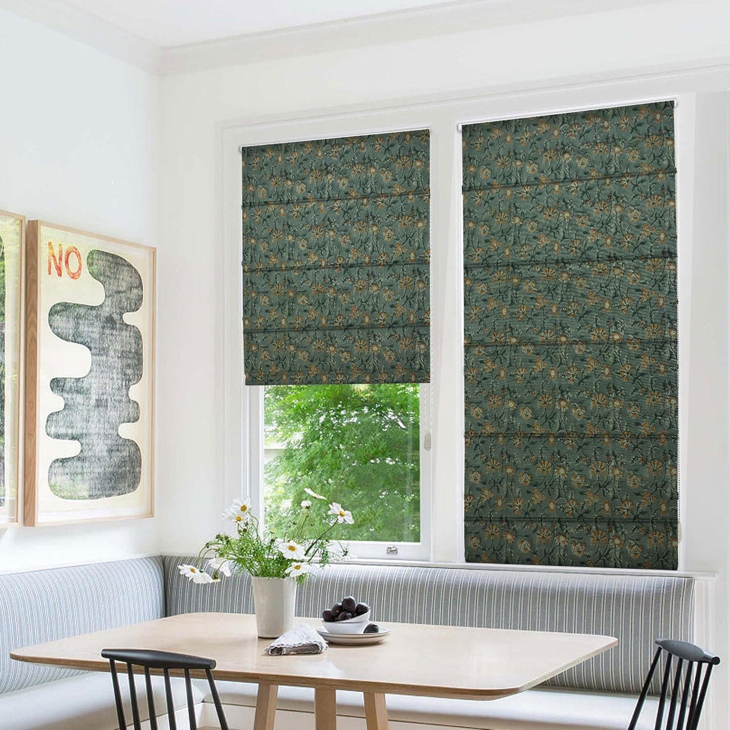 Handmade Thick Linen Block Printed Gray and Brown Floral Custom Window Shades - Naayab