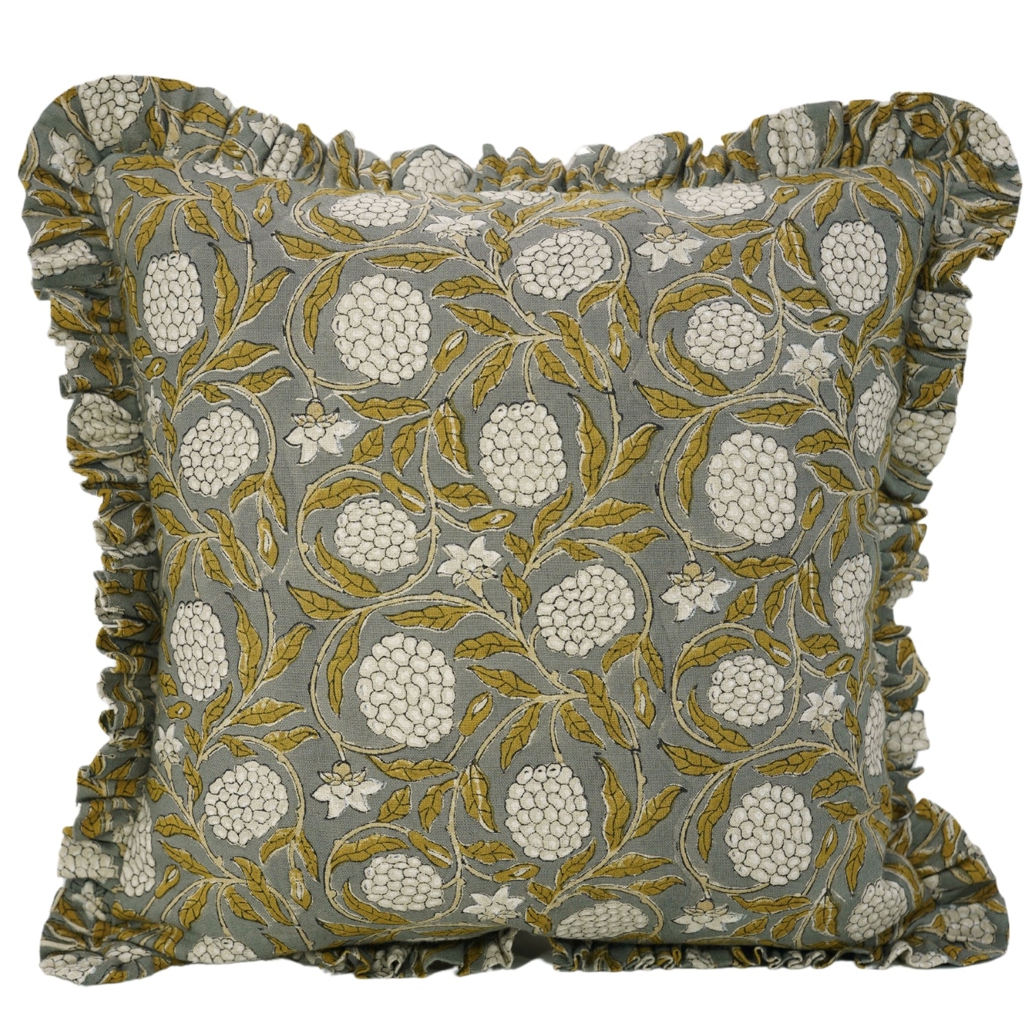 A square-shaped pillow cover with a floral block print design and frill edge, predominantly in gray and green tones.