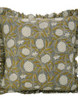 Block Printed Floral Pure Linen Frill Pillow Cover - Meraki