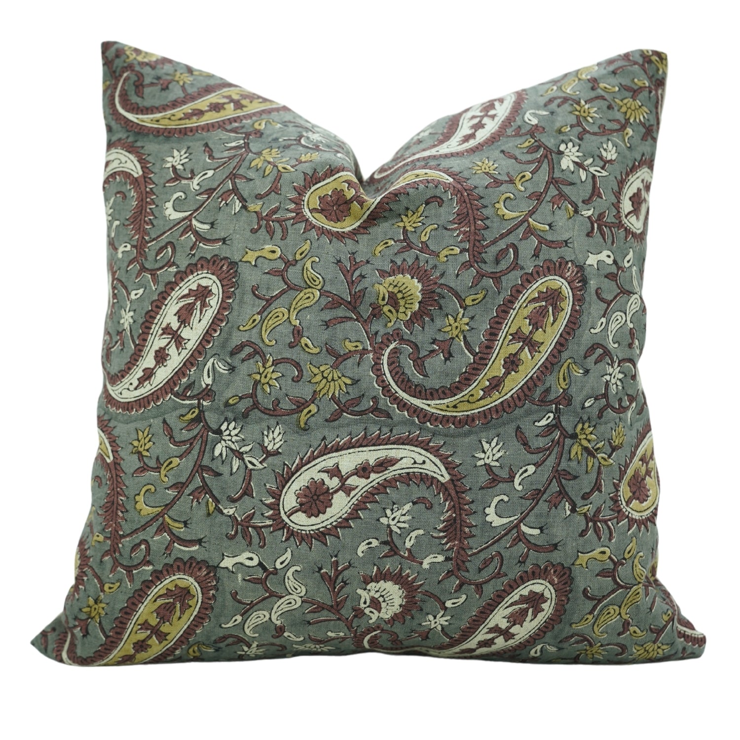 Artisan Block Printed Chocolate Brown Floral Throw Pillow/Cushion Cover in Pure Linen – Kiara