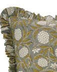 Artisan Block Printed Pure Linen Frill Green Decorative Pillow Cover - Meraki