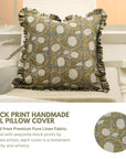 Block Printed Floral Pure Linen Frill Pillow Cover - Meraki