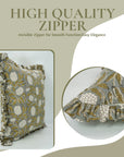 Block Printed Floral Pure Linen Frill Pillow Cover - Meraki