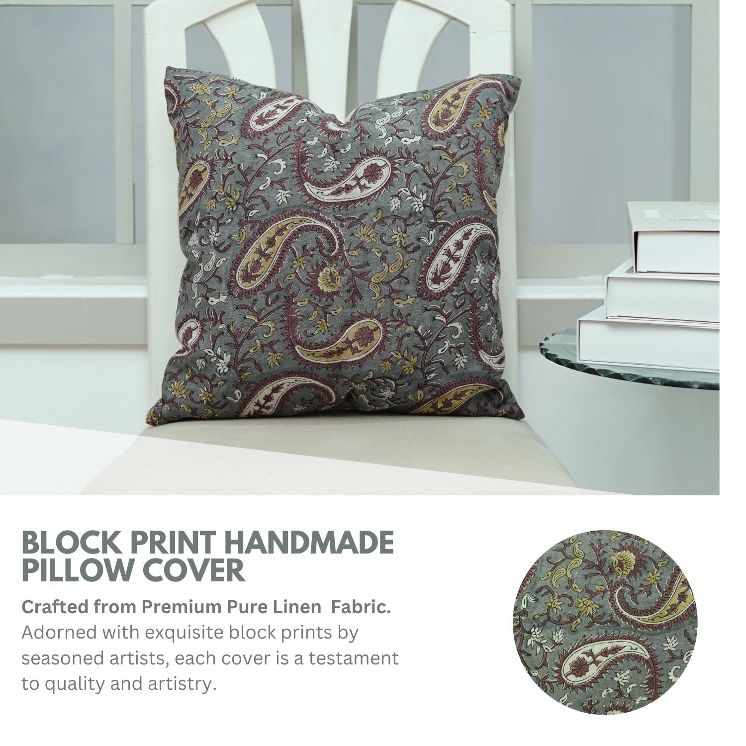Artisan Block Printed Chocolate Brown Floral Throw Pillow/Cushion Cover in Pure Linen – Kiara