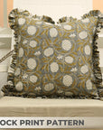Artisan Block Printed Pure Linen Frill Green Decorative Pillow Cover - Meraki