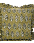 Block Printed Floral Living Room Thick Linen Frill Pillow Cover - Mor Mokut
