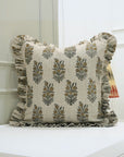 Traditional Handmade Block Printed Thick Linen Frill Green Floral Cushion Protector/Cover - Hajara