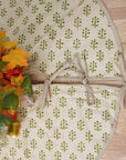 Block Printed Pure Linen Decorative Green Leaf Floral Print Christmas Tree Skirt Indian Holiday Decor - Jaisalmer
