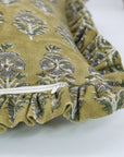 Block Printed Floral Living Room Thick Linen Frill Pillow Cover - Mor Mokut