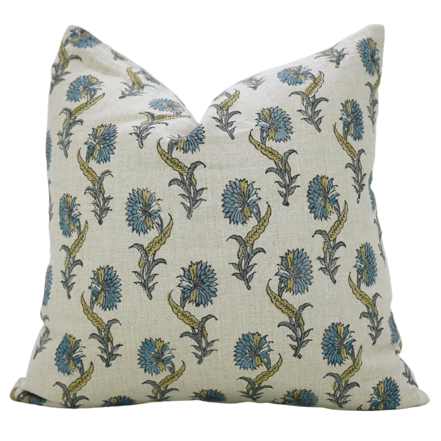 Handcrafted Blue Floral Boho Throw Pillow Cover with Knife Edges in Pure Linen - Daffodil Design