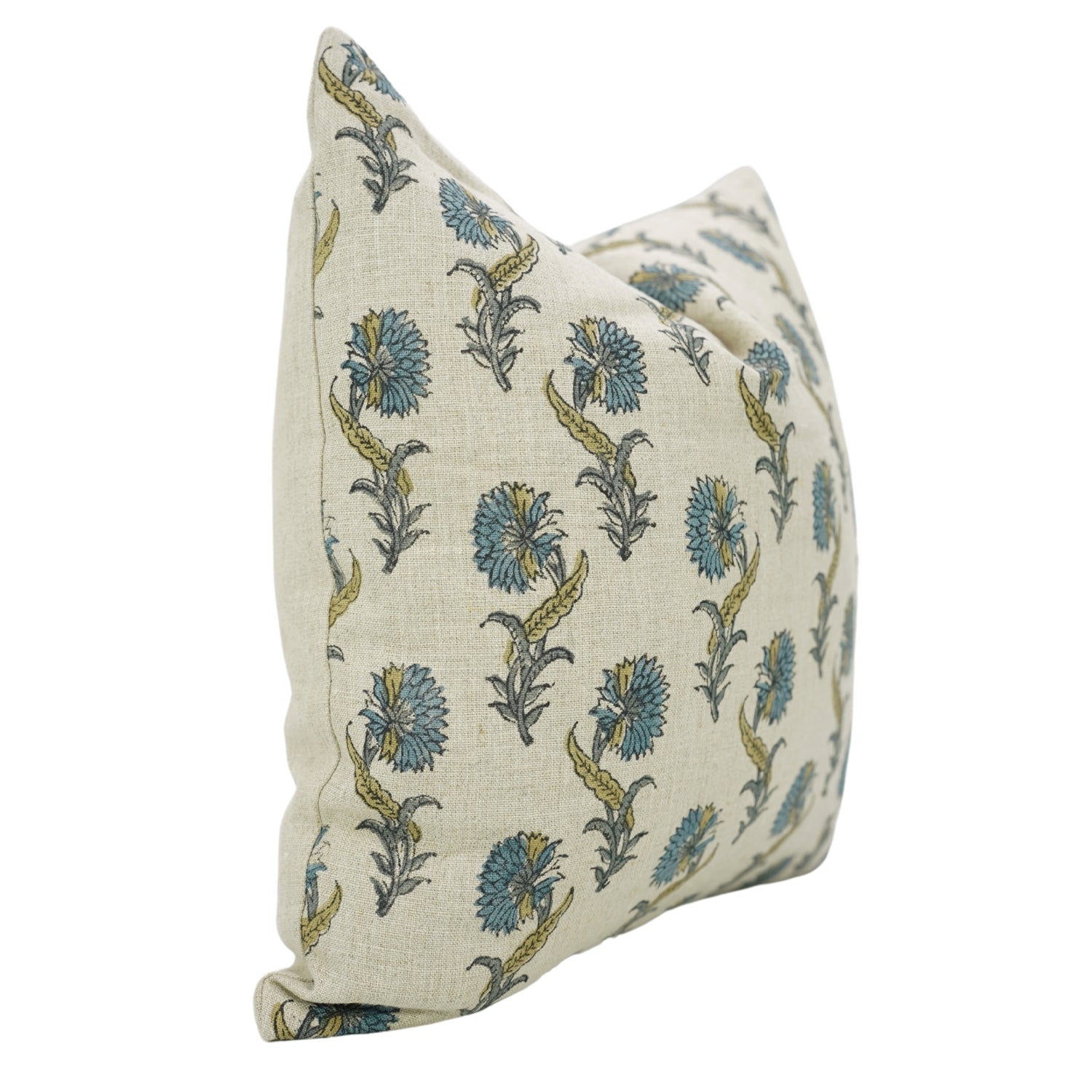 Handcrafted Blue Floral Boho Throw Pillow Cover with Knife Edges in Pure Linen - Daffodil Design