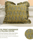 Block Printed Floral Living Room Thick Linen Frill Pillow Cover - Mor Mokut