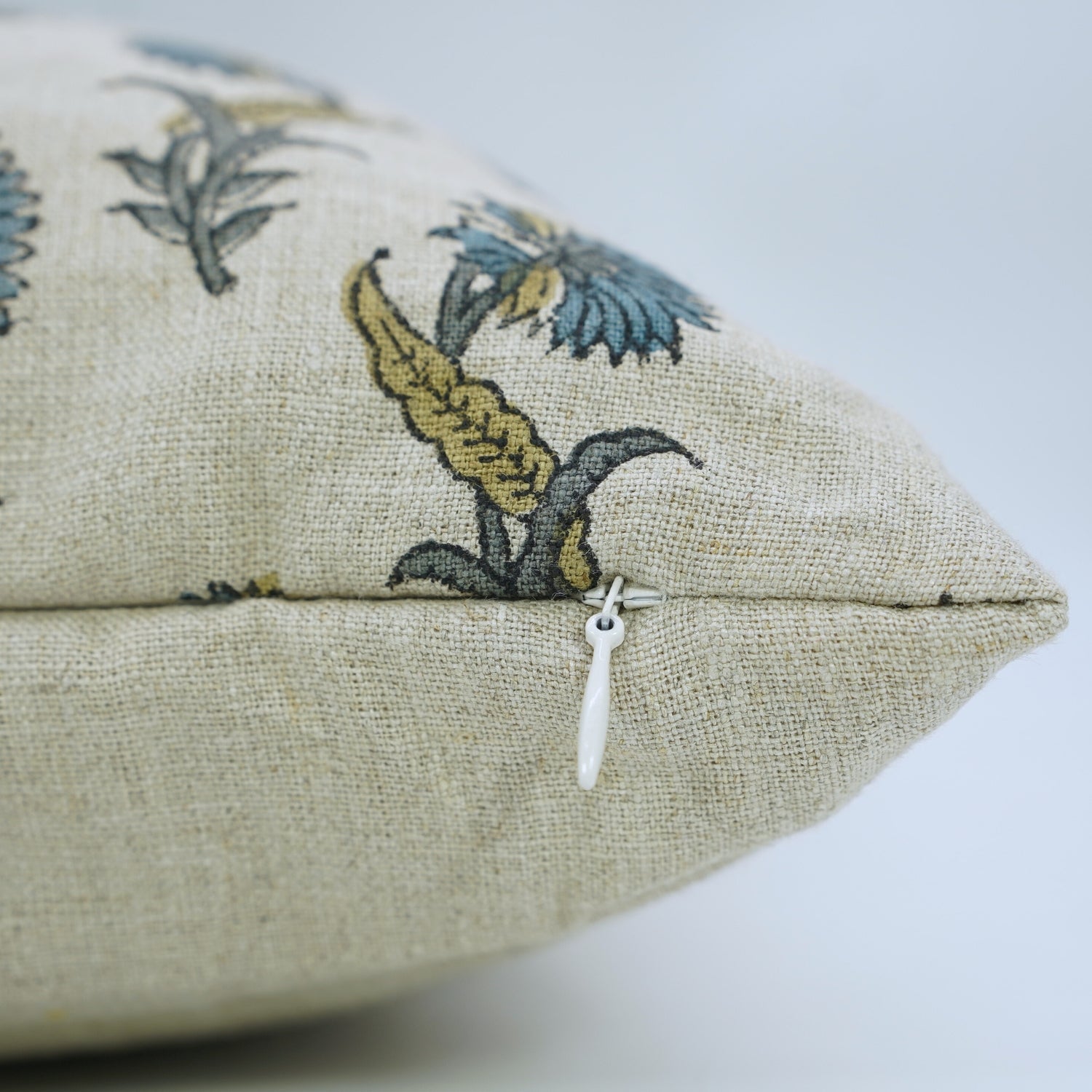 Handcrafted Blue Floral Boho Throw Pillow Cover with Knife Edges in Pure Linen - Daffodil Design