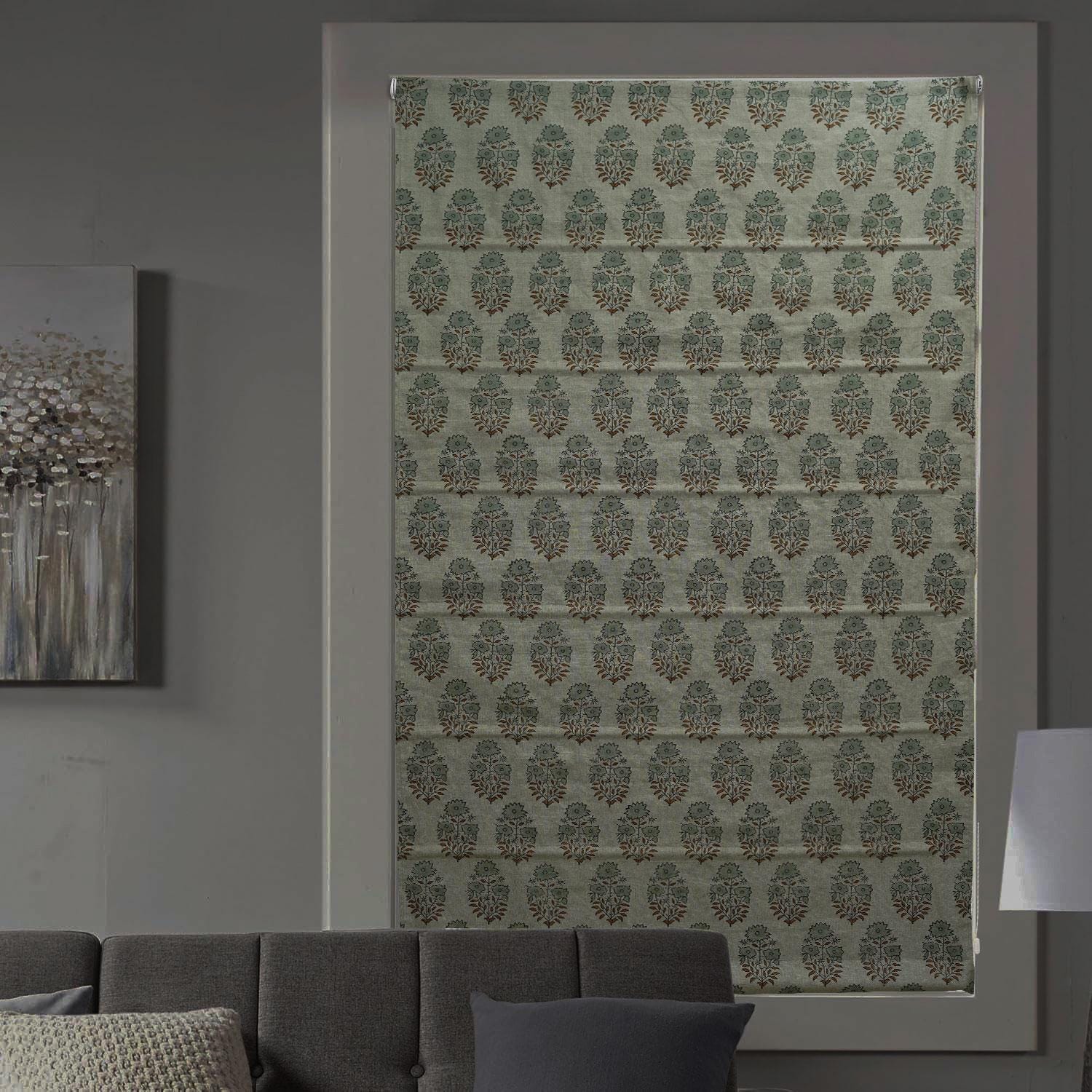 Pure Linen Block Printed Roman Shade Handmade Blind Floral Window Valance - MAYRA
