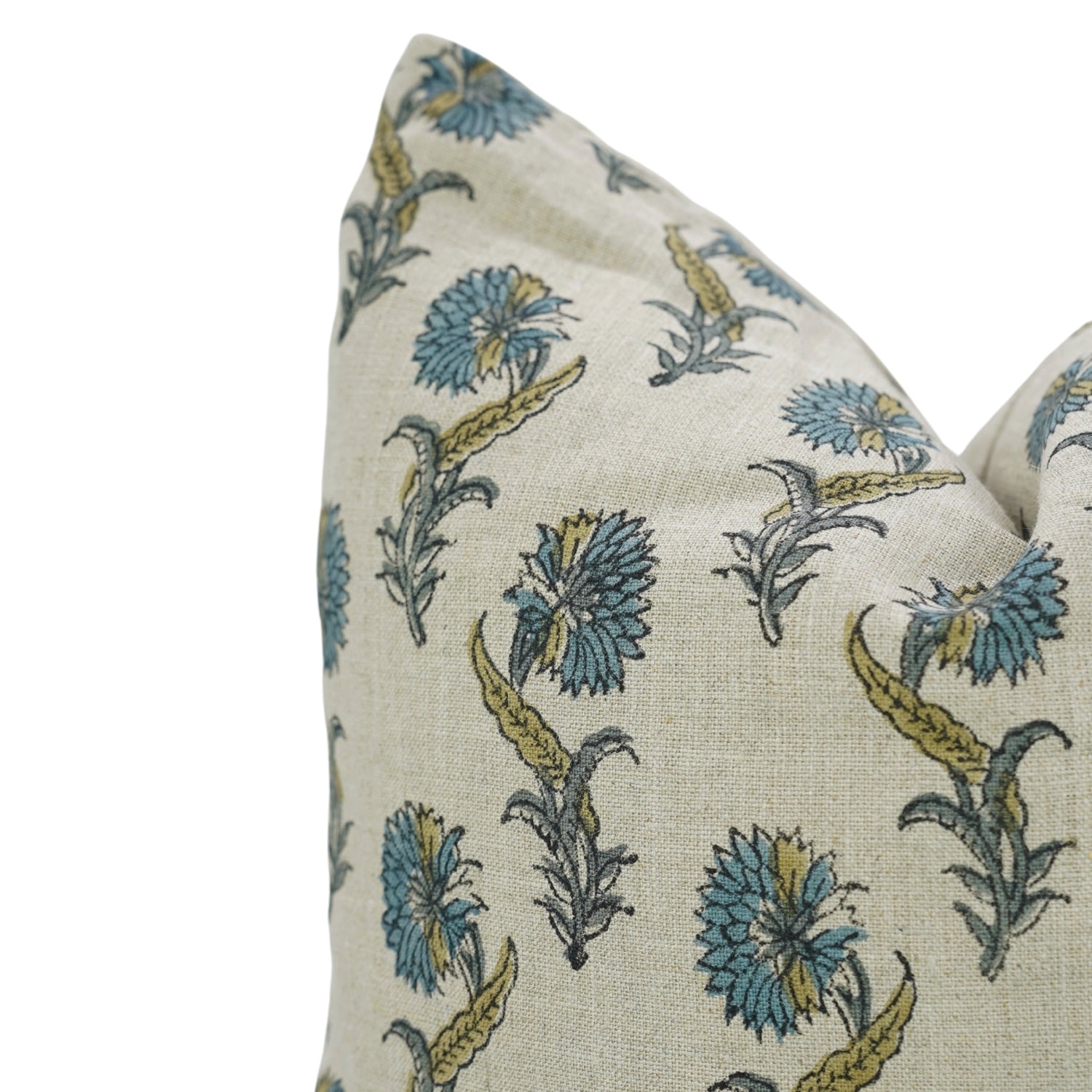 Handcrafted Blue Floral Boho Throw Pillow Cover with Knife Edges in Pure Linen - Daffodil Design