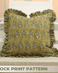 Block Printed Floral Living Room Thick Linen Frill Pillow Cover - Mor Mokut