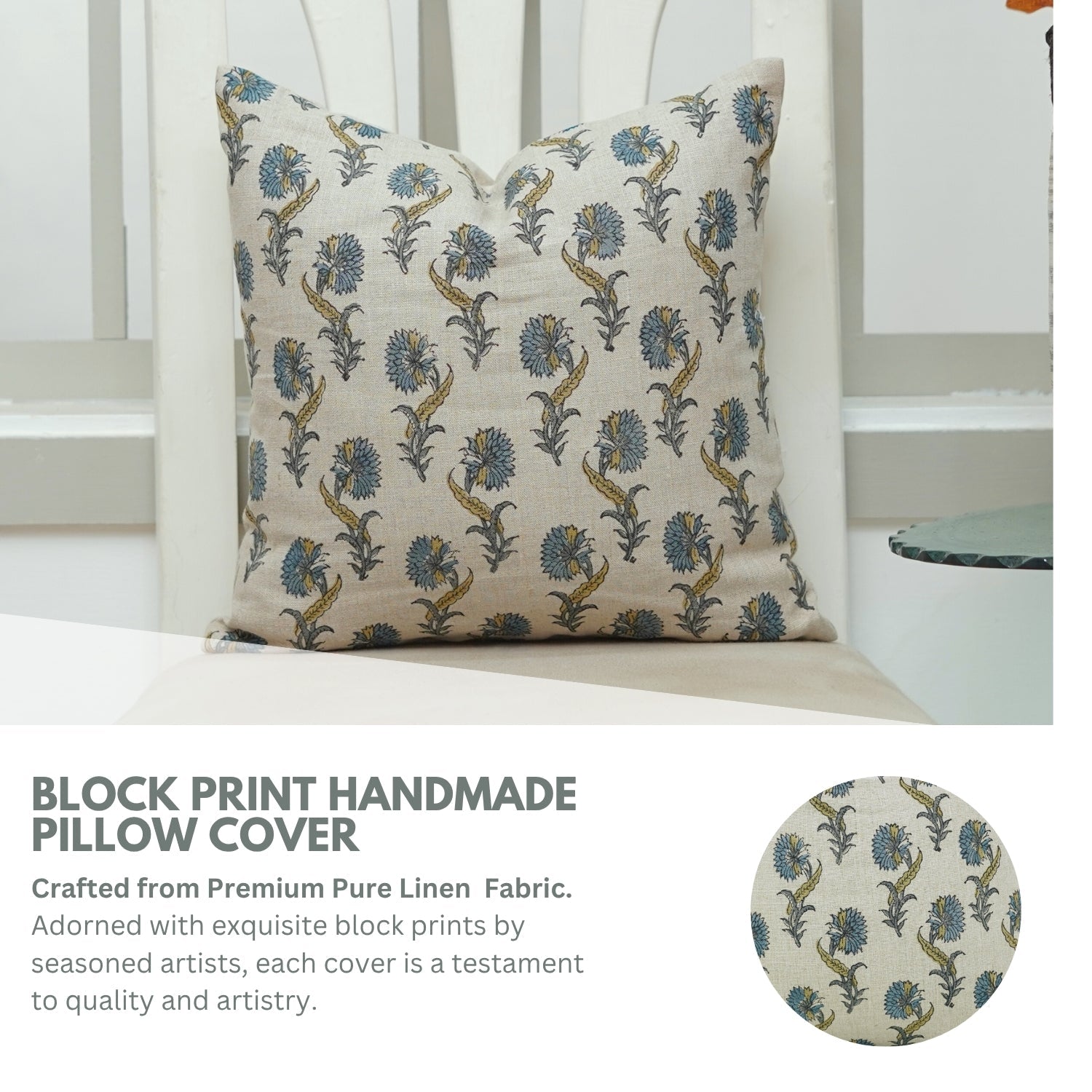 Handcrafted Blue Floral Boho Throw Pillow Cover with Knife Edges in Pure Linen - Daffodil Design