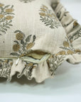 Traditional Handmade Block Printed Thick Linen Frill Green Floral Cushion Protector/Cover - Hajara