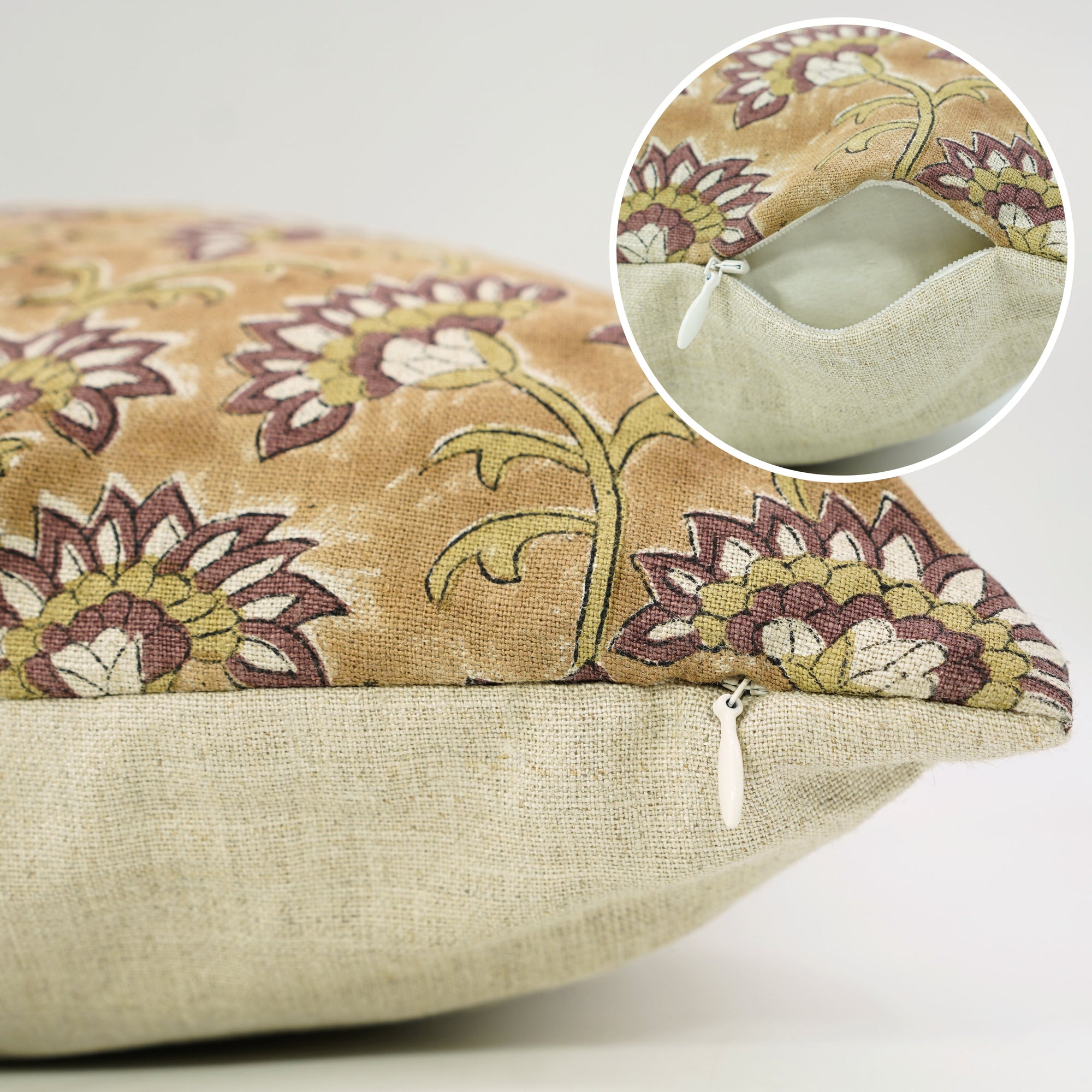 Handcrafted Chocolate Brown and Green Floral Boho Cushion Cover in Pure Linen – Rajnigandha