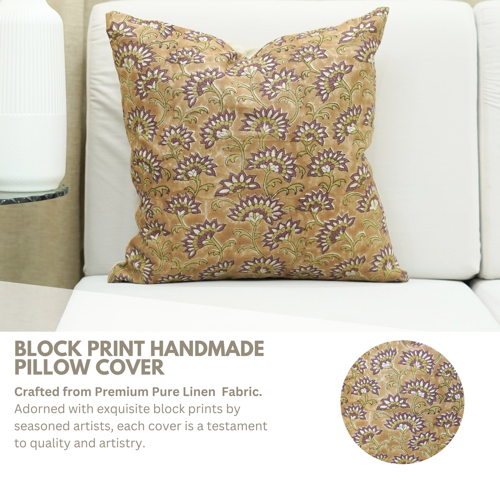 Handcrafted Chocolate Brown and Green Floral Boho Cushion Cover in Pure Linen – Rajnigandha