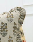 Traditional Handmade Block Printed Thick Linen Frill Green Floral Cushion Protector/Cover - Hajara