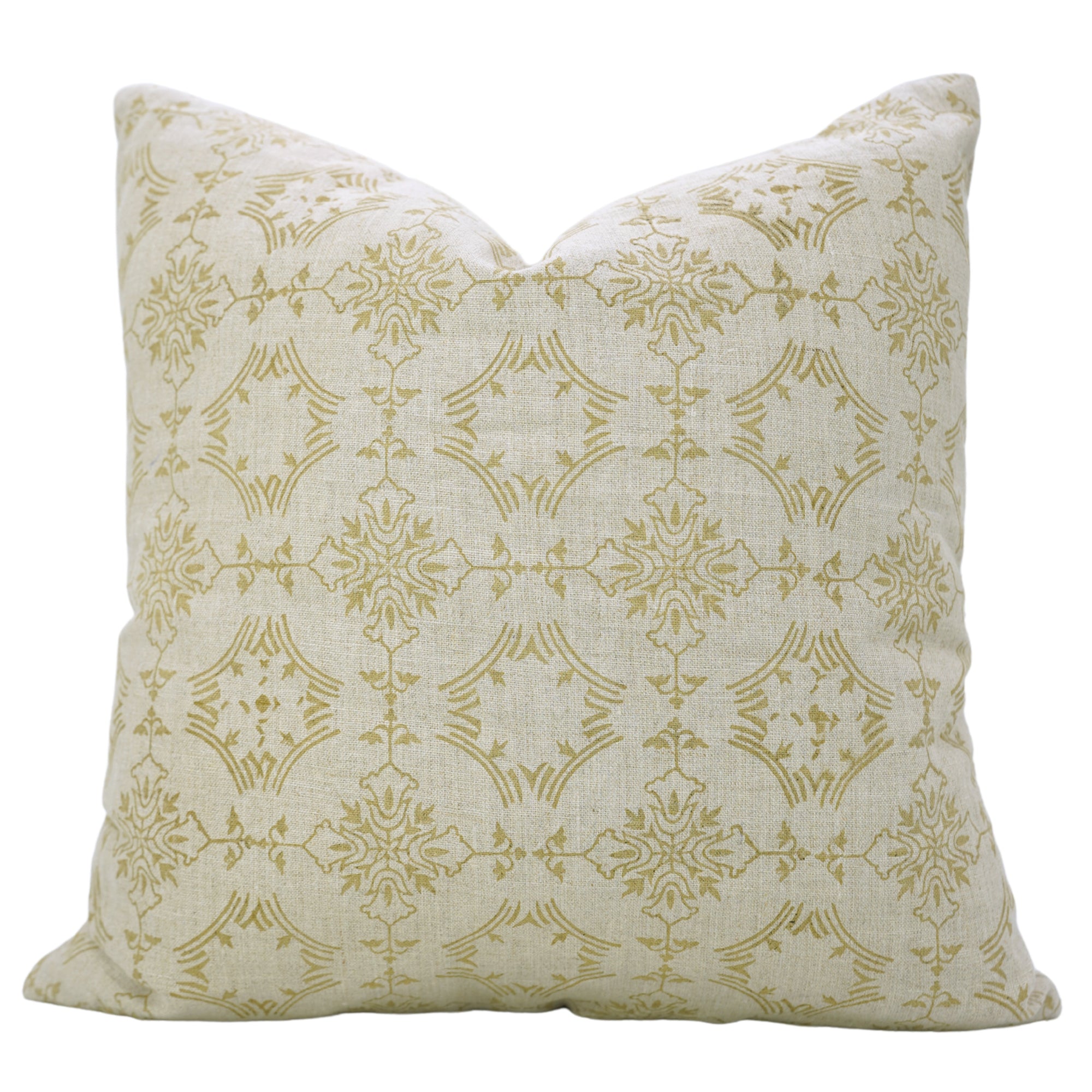 Handmade Printed Light Yellow Floral Boho Throw Pillow Case/Cover in Pure Linen – Chakravyuh