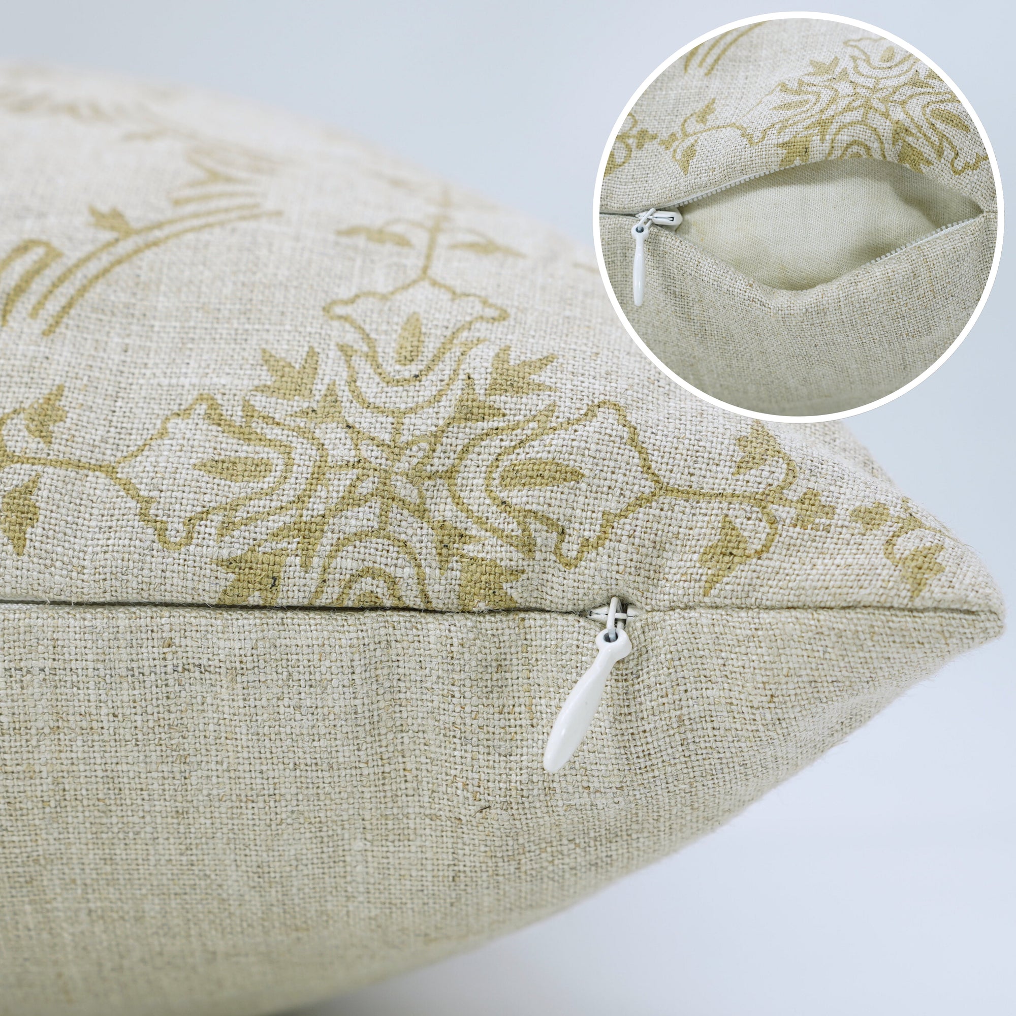 Handmade Printed Light Yellow Floral Boho Throw Pillow Case/Cover in Pure Linen – Chakravyuh