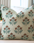 Handmade Block Printed Brown and Blueish Floral Throw Pillow Case in 100% Pure Linen - Chahat