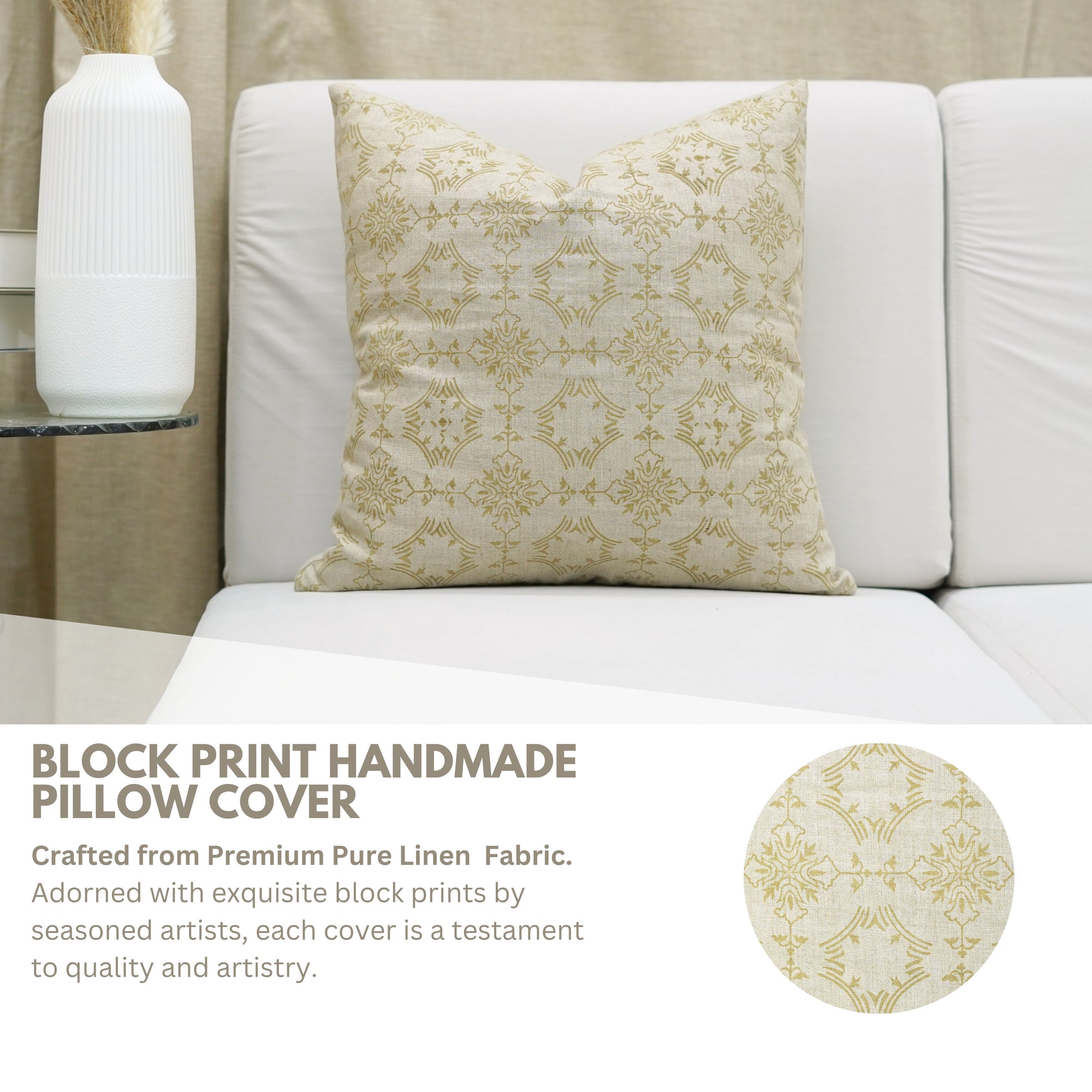 Handmade Printed Light Yellow Floral Boho Throw Pillow Case/Cover in Pure Linen – Chakravyuh
