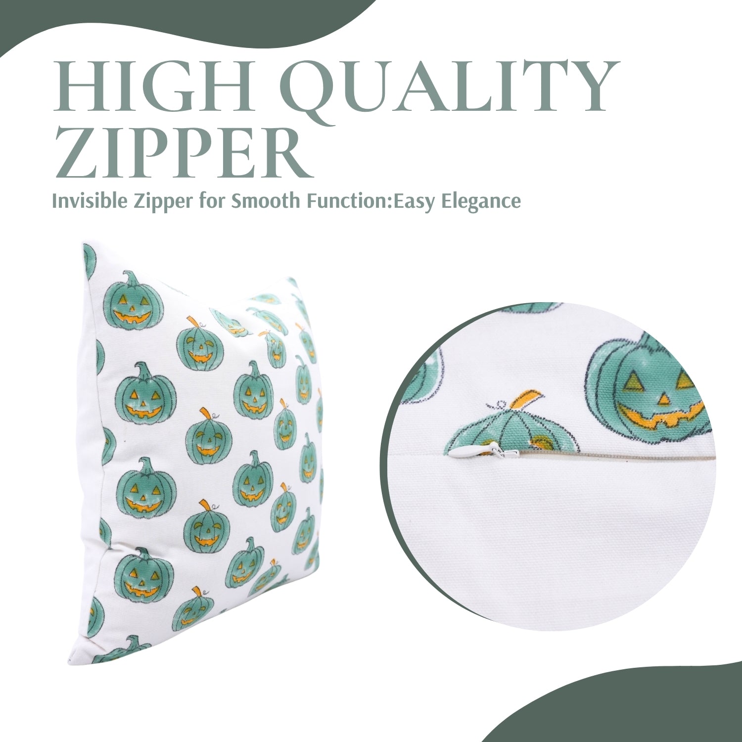 Pillow with pumpkin pattern and zipper, labeled 'High Quality Zipper'.