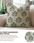Handmade Block Printed Brown and Blueish Floral Throw Pillow Case in 100% Pure Linen - Chahat