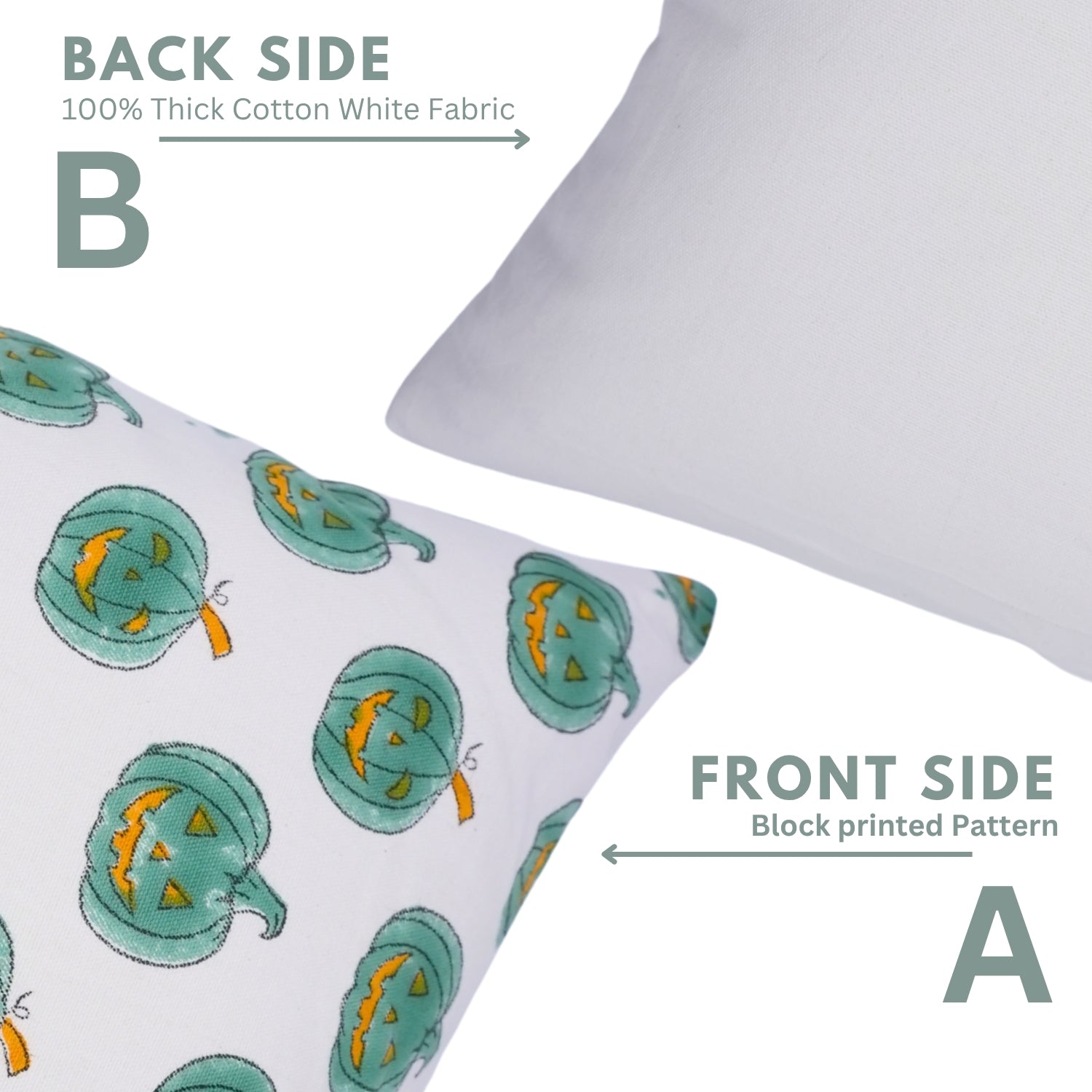 Pillow with green jack-o'-lantern pattern on one side and white fabric on the other, labeled 'Front Side' and 'Back Side'.