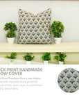Block Printed Floral Pure Linen Living Room Pillow Cover - Gandapushp