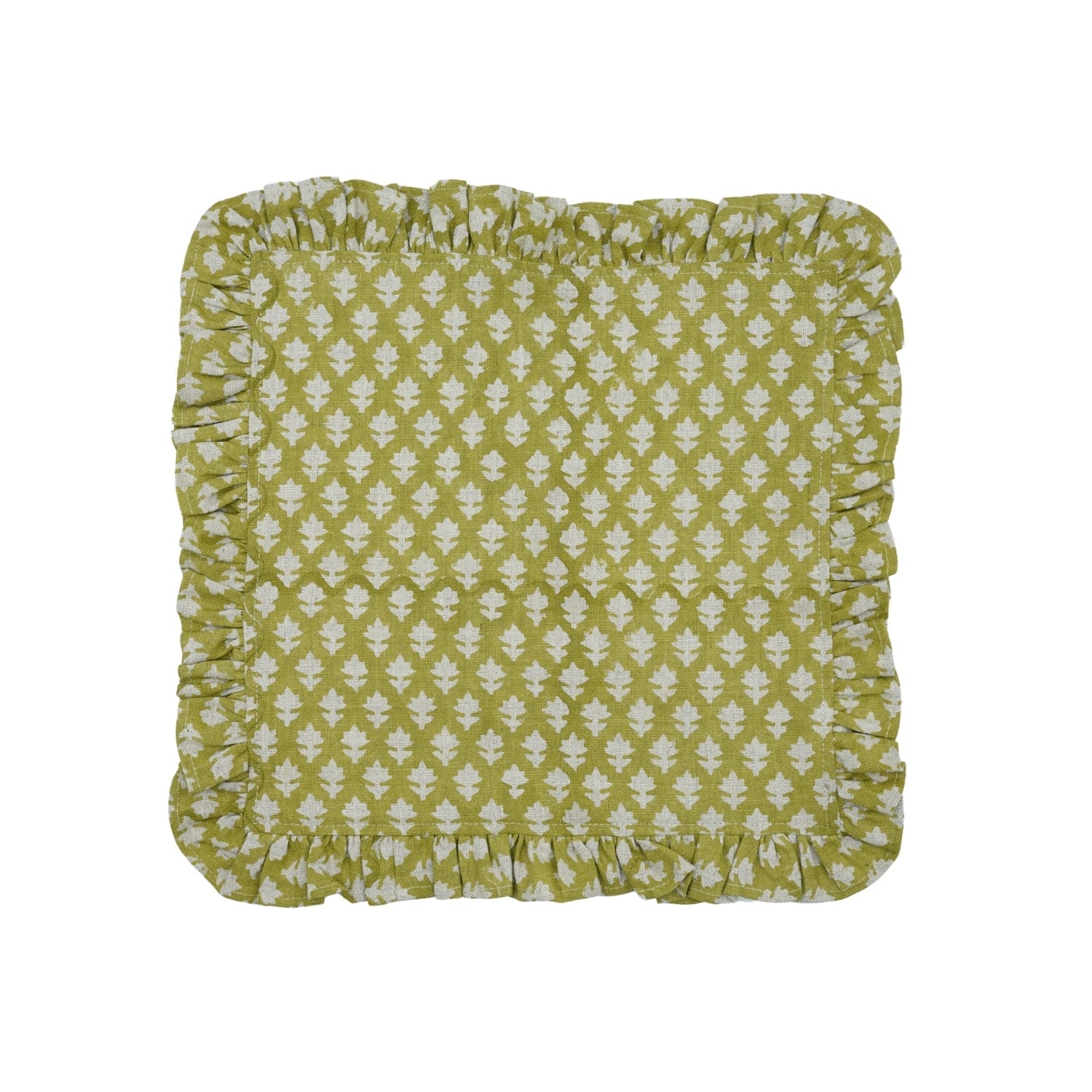 Handcrafted Floral Printed Pure Linen Luxurious Ruffle Frill Table Napkins Pinkcity with Green