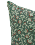 Handmade Throw Floral Green & Brown Block Printed on Pure Linen Pillow Cover for Farmhouse Decor - Himachal