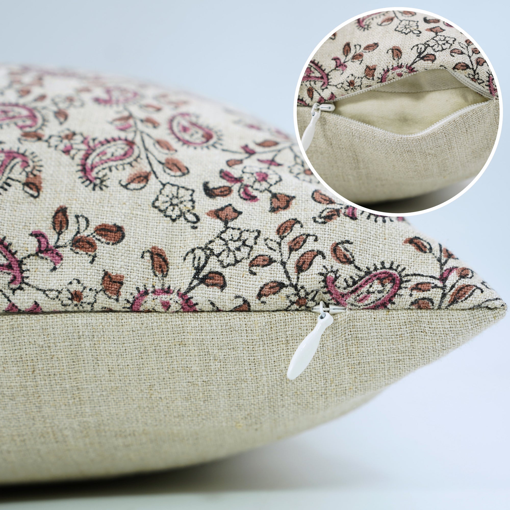 Sustainable Handblock Printed Pink Floral Boho Throw Pillow Cover in Pure Linen – Keri Jaal Design