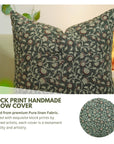 Handmade Throw Floral Green & Brown Block Printed on Pure Linen Pillow Cover for Farmhouse Decor - Himachal