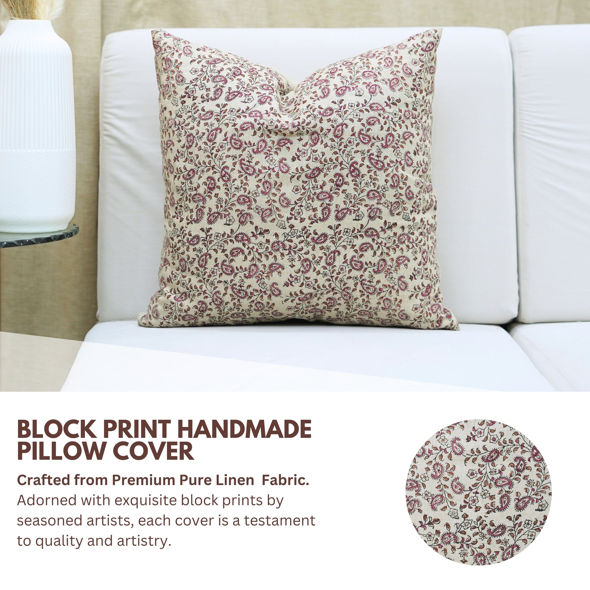 Sustainable Handblock Printed Pink Floral Boho Throw Pillow Cover in Pure Linen – Keri Jaal Design