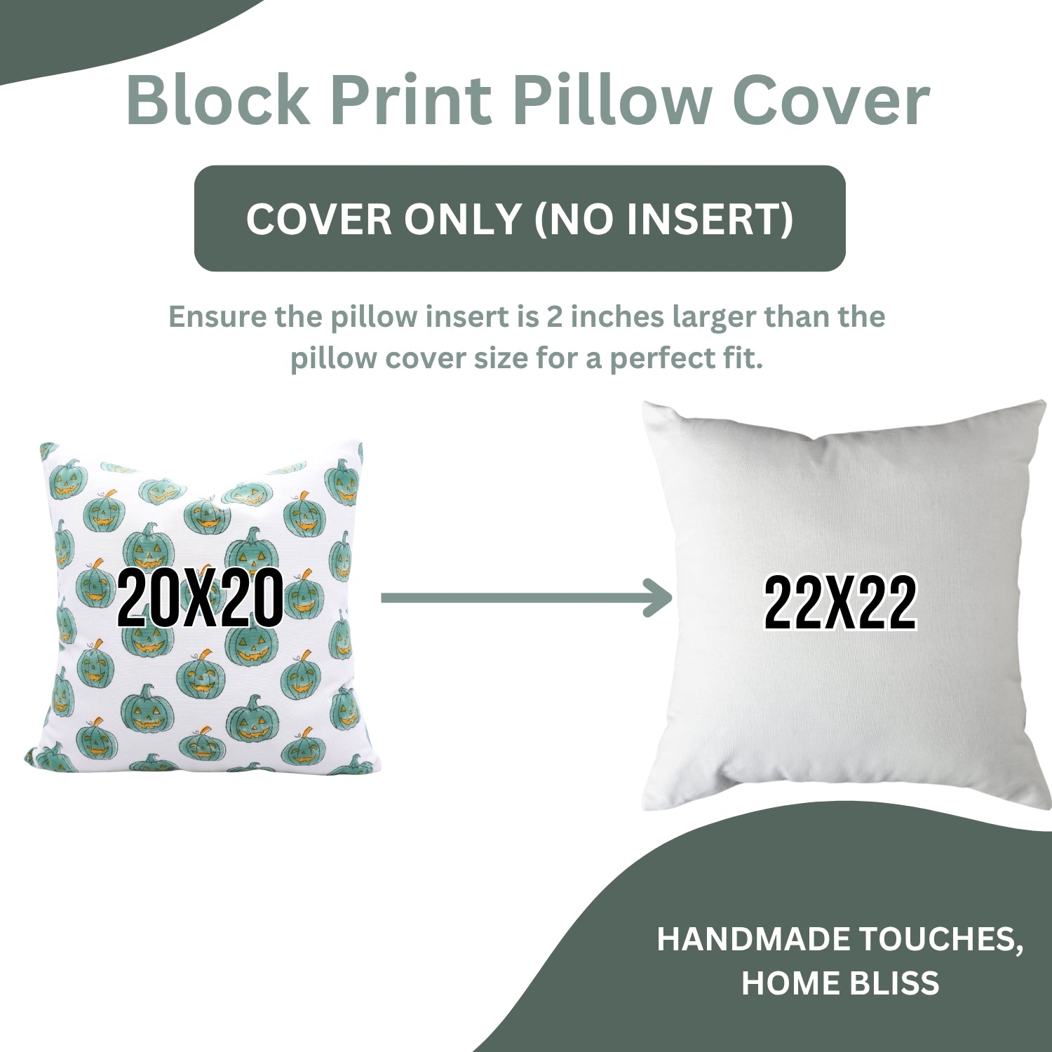 Block print pillow cover with size information on a white background
