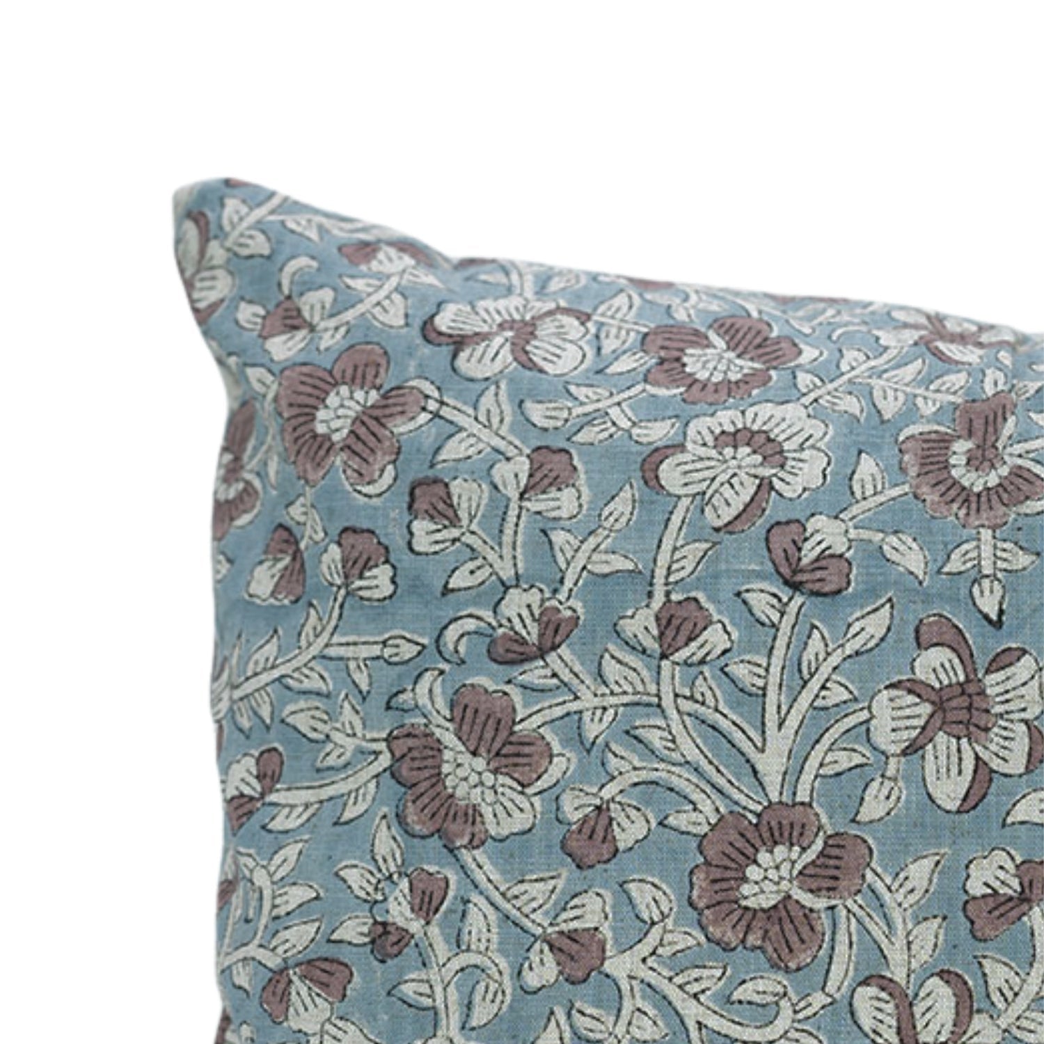 Saundrya Block Printed Handmade Floral Cushion Protector – Light Blue & Brown