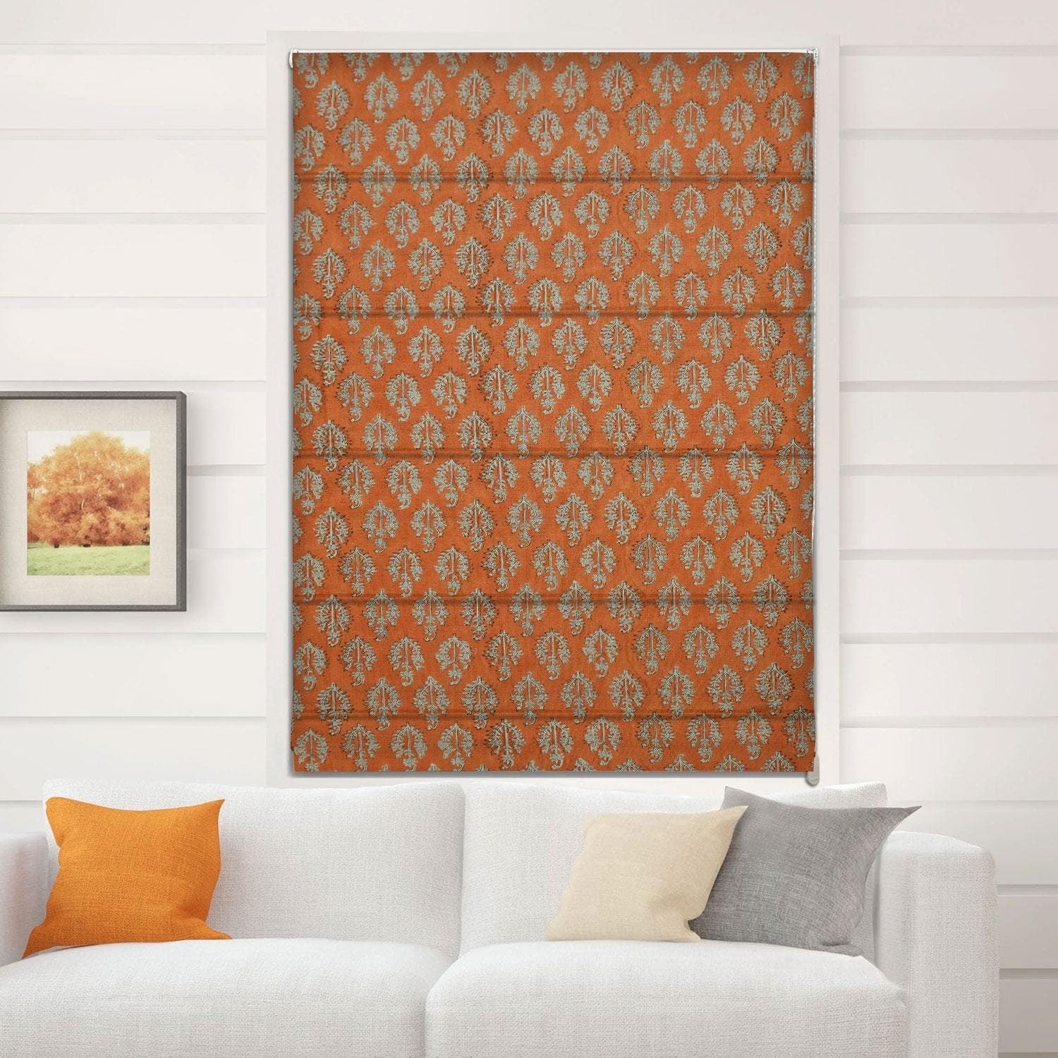 Block Printed Orange Floral Thick Linen Roman Shade Blackout Window Curtain Treatment - Neel Gagan