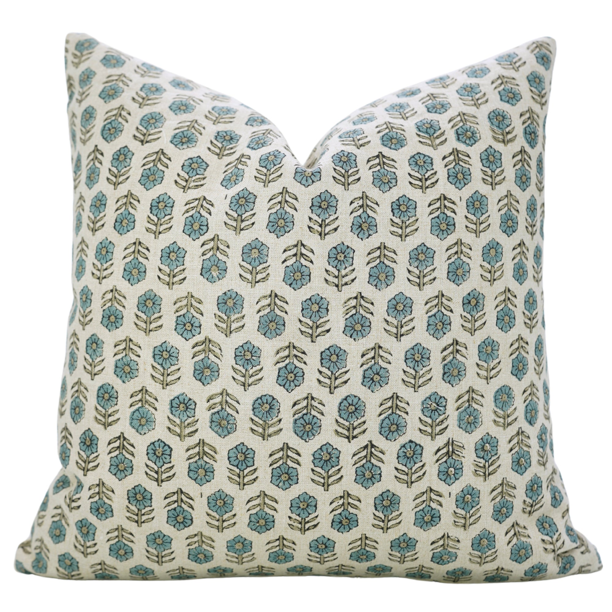 Handmade Light Blue Floral Boho Cushion Case in Pure Linen – Tulsi Buti Design for Indoor Decor