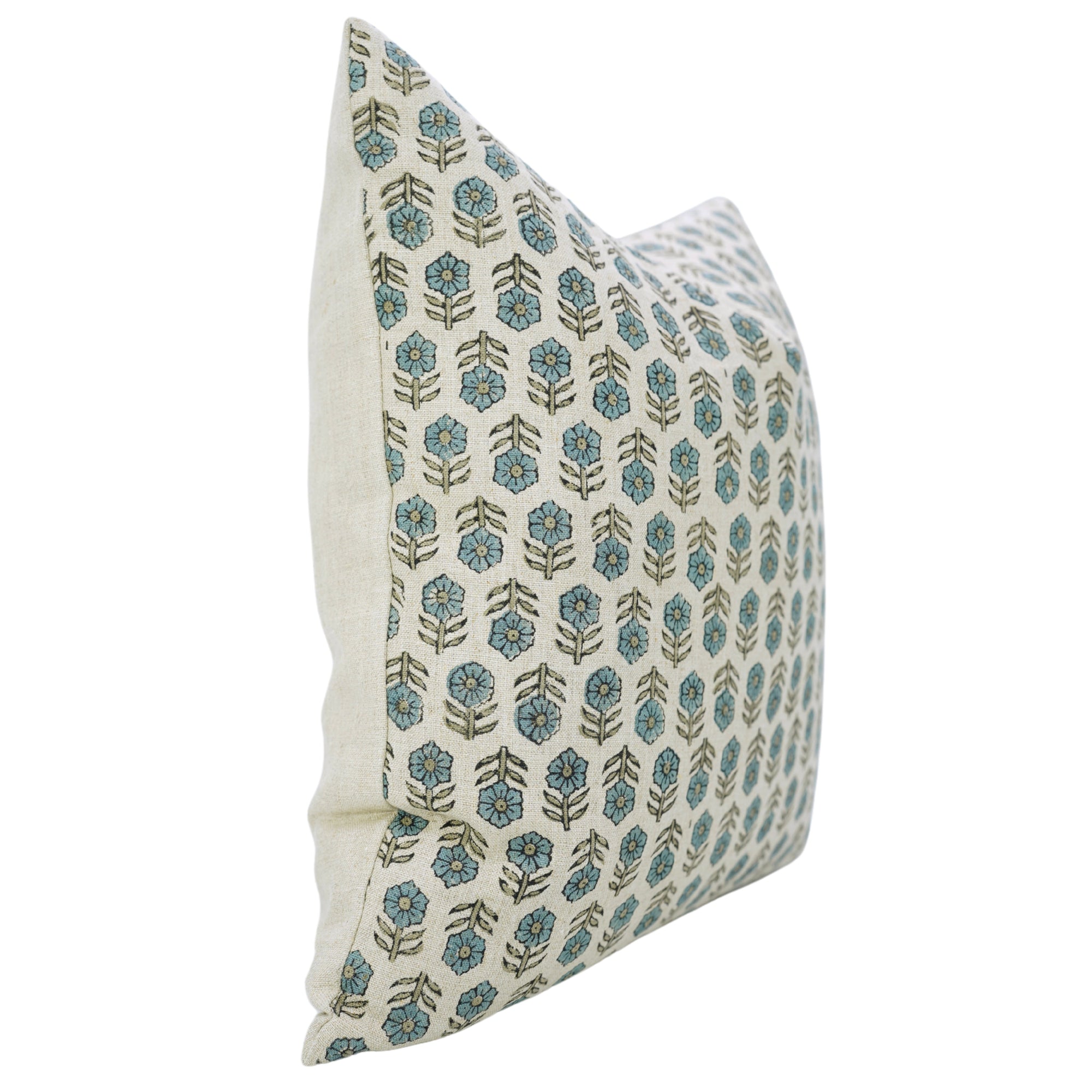Handmade Light Blue Floral Boho Cushion Case in Pure Linen – Tulsi Buti Design for Indoor Decor