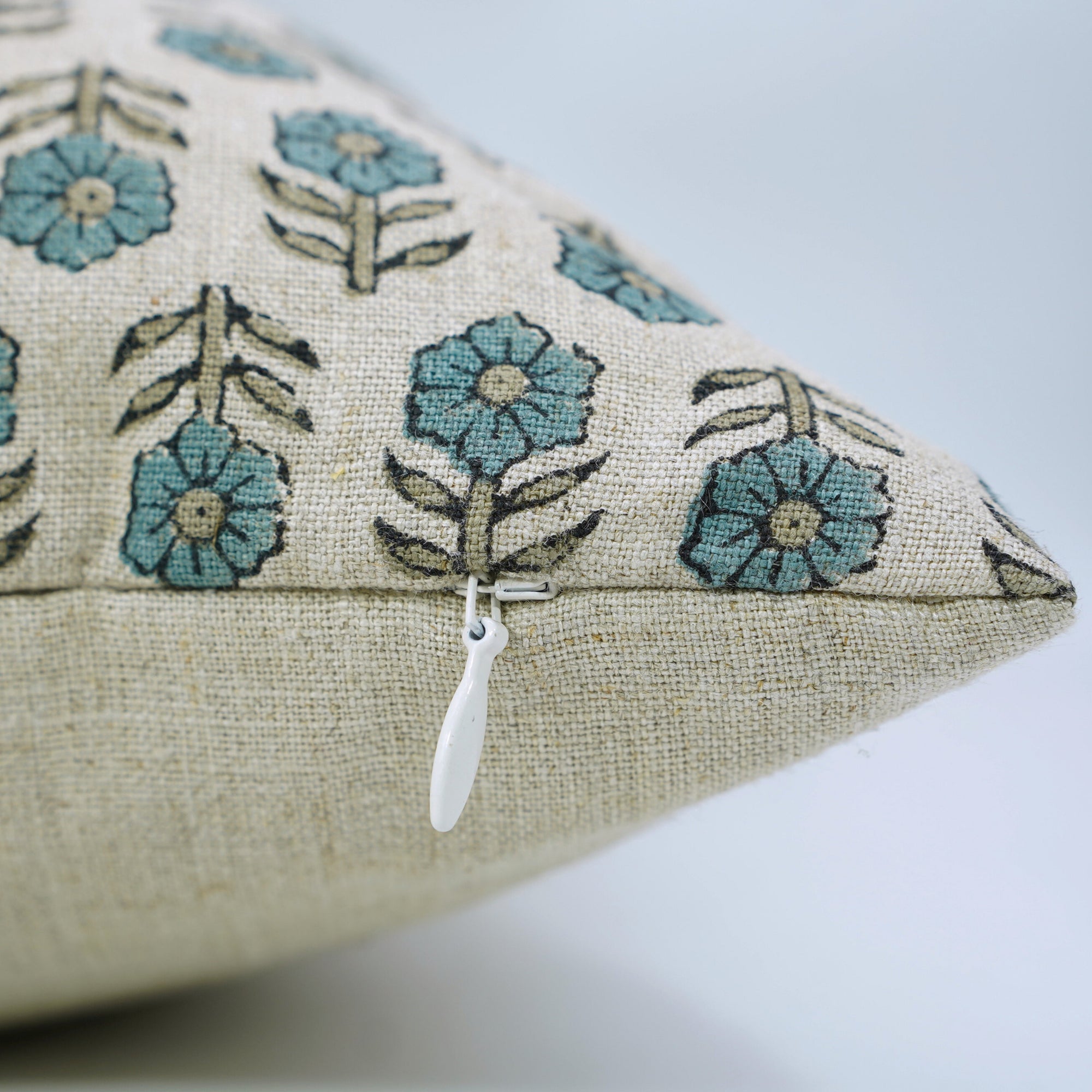 Handmade Light Blue Floral Boho Cushion Case in Pure Linen – Tulsi Buti Design for Indoor Decor