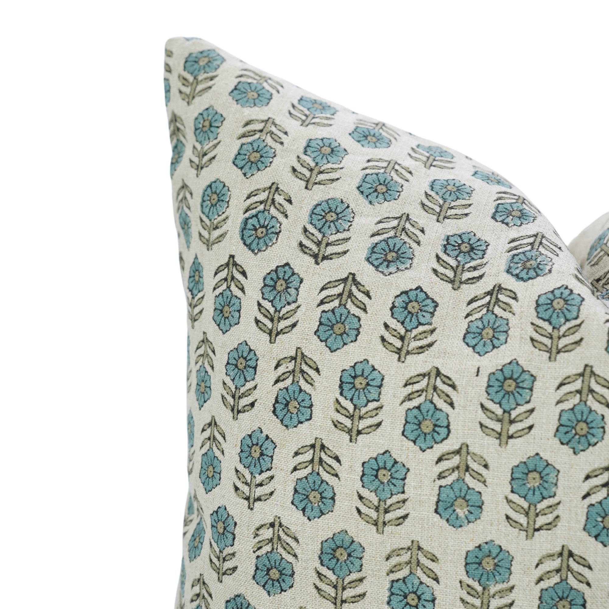 Handmade Light Blue Floral Boho Cushion Case in Pure Linen – Tulsi Buti Design for Indoor Decor